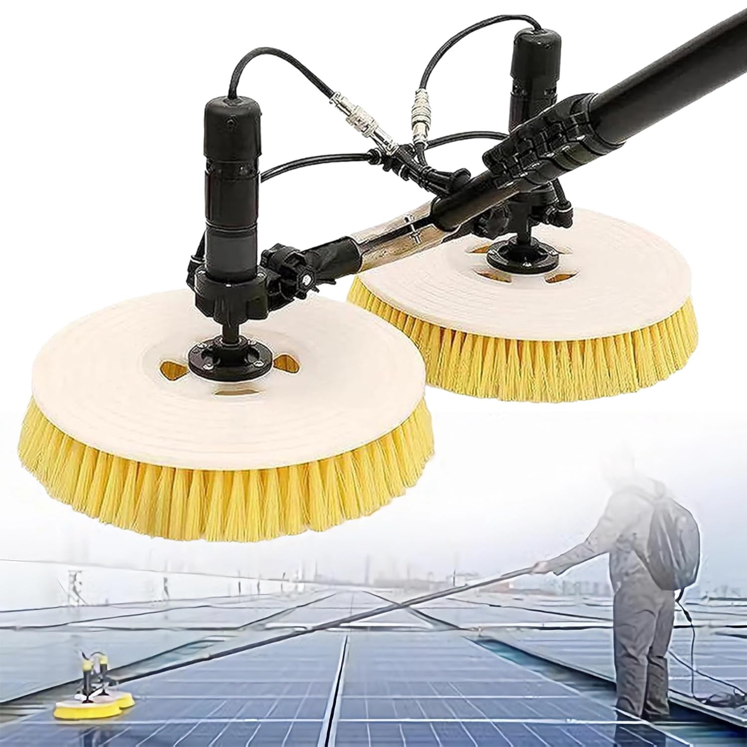 ASerZenith Solar Panel Cleaning Kit - Adjustable 350-750Cm Telescopic Rod, Dual Rotating Brush Heads, 9M + 20M Water Hose, 65Cm Cleaning Range, Essential For Photovoltaic Maintenance,3.5M