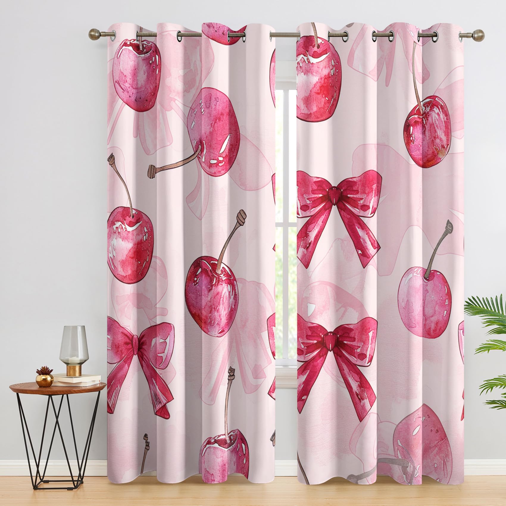 Cherry Bow Blackout Curtains for Bedroom Living Room, Fruit Pink Girl Curtains Eyelet 90 Drop Home Decor, Patterned Window Drapes, 66x90 Inch 2 Panels A-M11