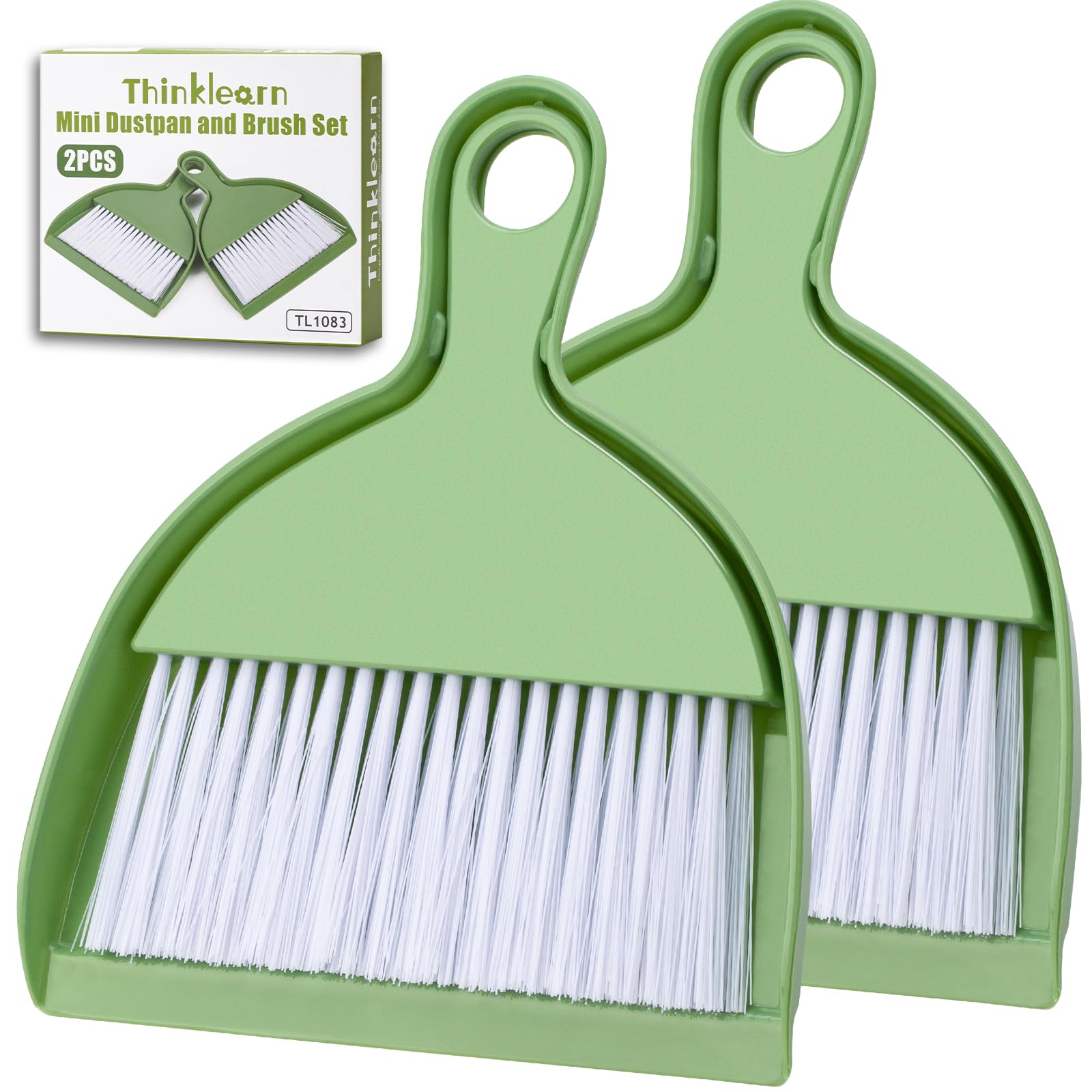 THINKLEARN 2PCS Small Broom and Dustpan Set, Mini Dust Pan and Brush, Hand Whisk for Pets, Kids, Desk, Home, Camping, Green Cleaning Supplies