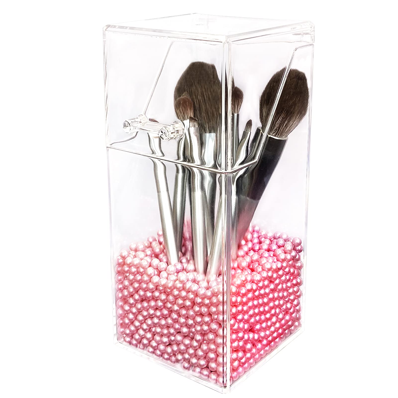 N-D Makeup Brush Holders Acrylic Waterproof Large Capacity Cosmetics Brush Storage Box Case with Dustproof Lid for Bathroom,Dresser,Vanity and Countertop,Clear,Free Pink Pearls