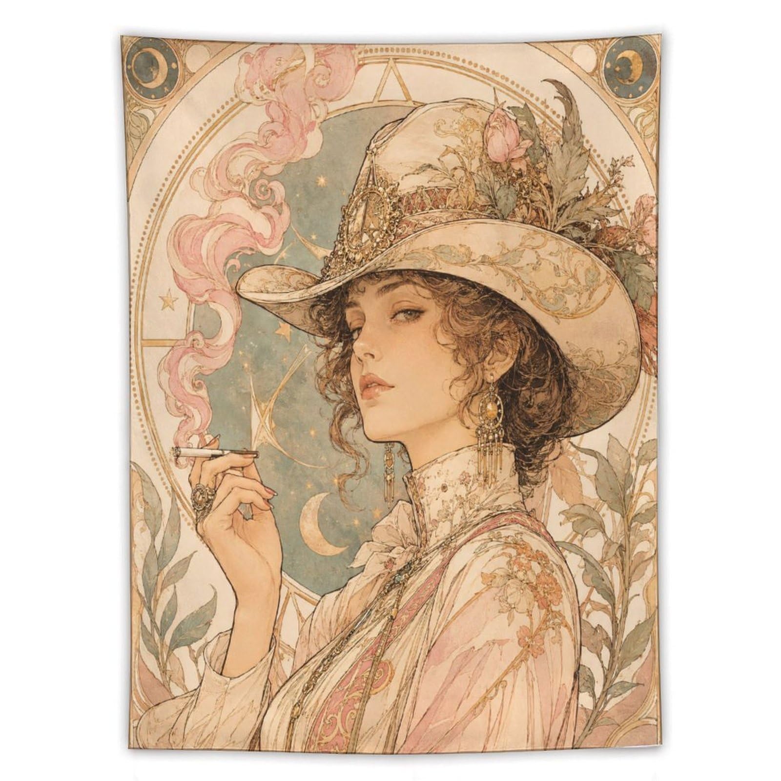 W7C8U2X3 Cowgirl with UFO Hat Wall Tapestry, Art Nouveau, Art Nouveau