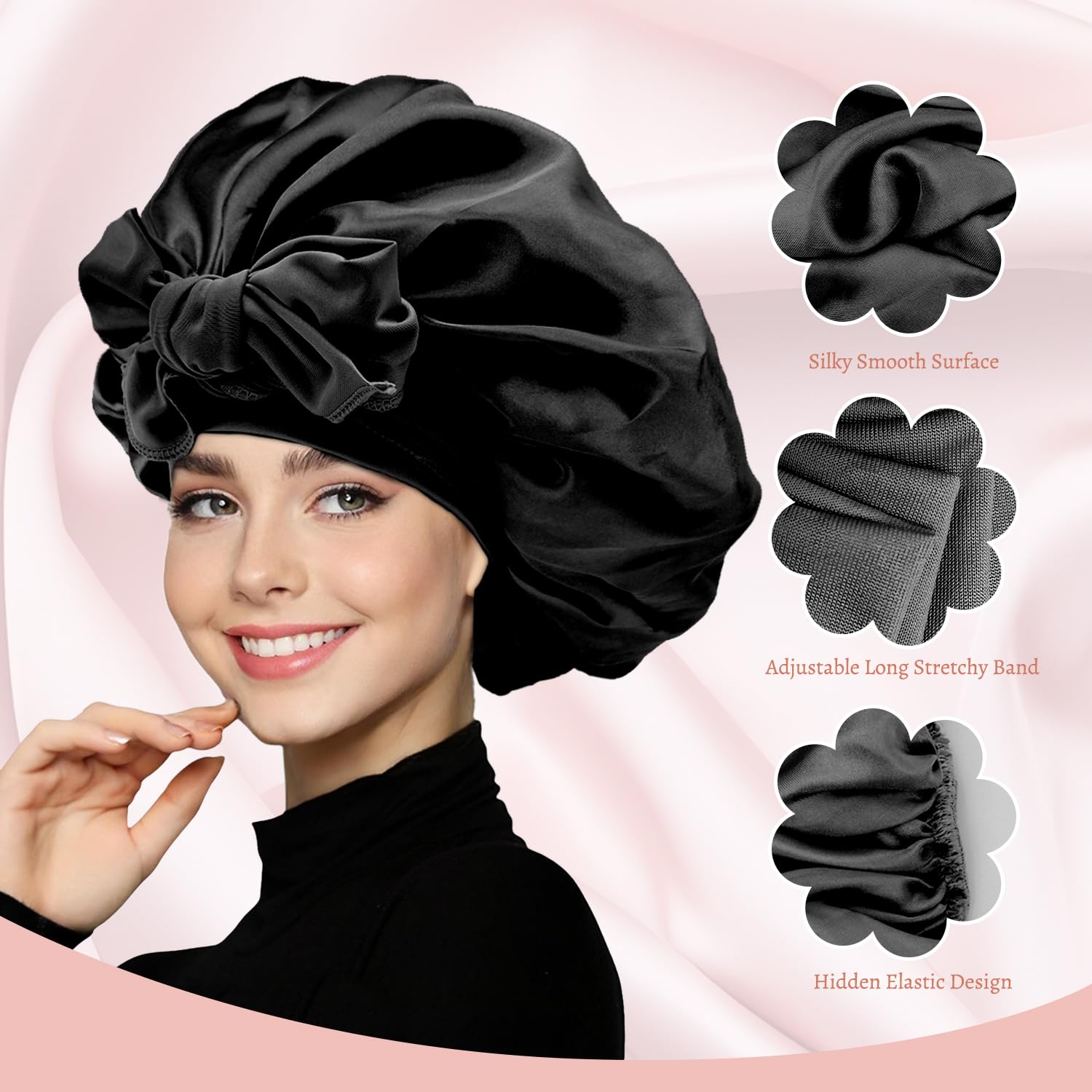 1 Pcs Silk Bonnet for Sleeping, Black, M - Image 4