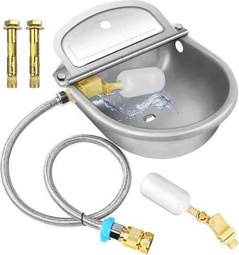 Tazón automático de agua potable para animales con válvula de flotador, kit de acero inoxidable 304 incluye tazón, tubo, 2 válvulas, adaptador de