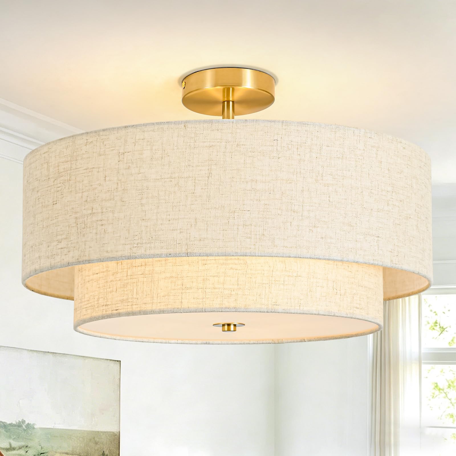 Photo 1 of 19.7" Semi Flush Mount Ceiling Light, 4-Light Drum Ceiling Light Fixture with 2-Tier Fabric Linen Shade Design, Modern Classic Ceiling Light for Dining Room, Living Room, Bedroom, Hallway, Entryway