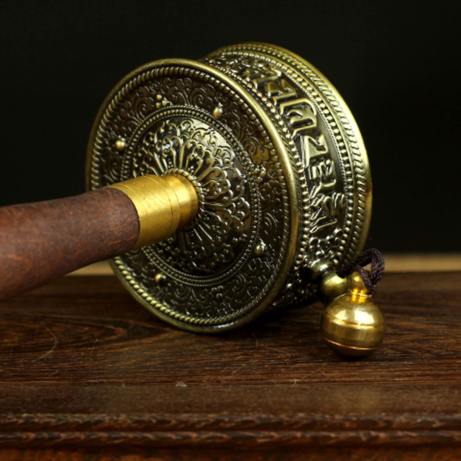 Rueda de oración tibetana, Rueda de oración tibetana con mango de madera, rodamientos dobles, pergamino de oración, latón(Bronze)