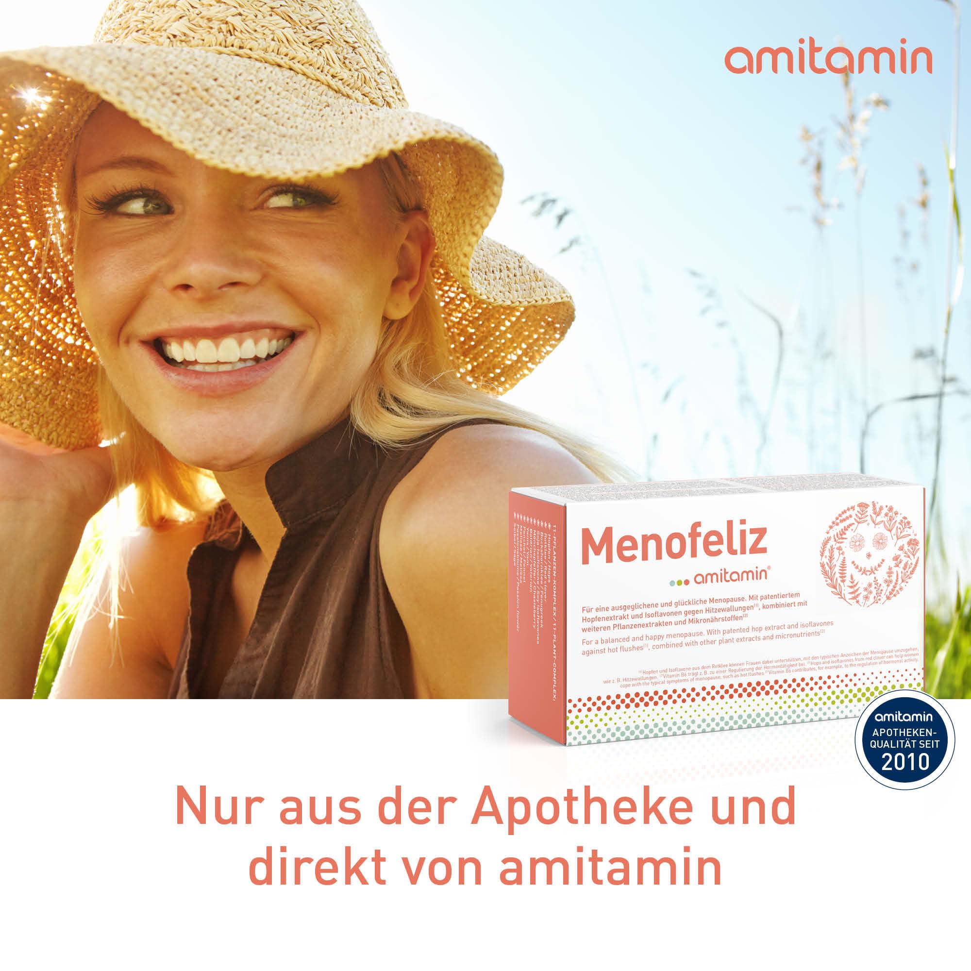 amitamin® Menofeliz – 60 Wechseljahre Kapseln – mit patentiertem Lifenol® Hopfenextrakt, Rotklee, Mönchspfeffer, Yamswurzel, Isoflavonen, B-Vitaminen, Magnesium, Kalzium – Vegan – Made in Germany