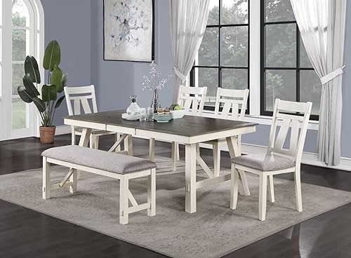 Miniatura 2 de JINSVICO Banco de comedor largo de madera maciza con asiento de cojín de tela muebles de comedor blanco antiguo