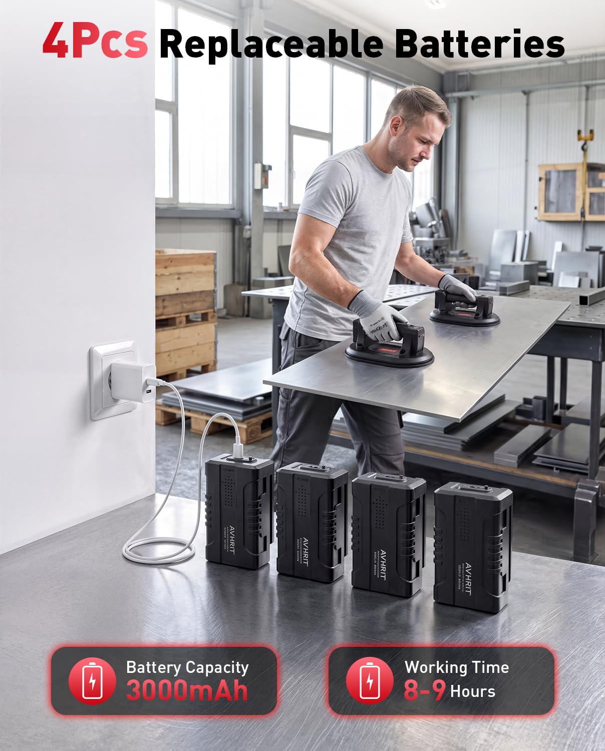 Ventosas Eléctricas para Cristal/Azulejos, Ø245mm con 4x 3000mAh, 250KG Máx, Pantalla LCD, Elevador para Vidrio, Piedra y Metal, Ideal para Hogar y Trabajo Profesional