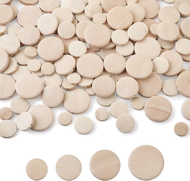 Craftdady 160pcs Unfinished Flat Round Wood Beads 15-30mm Blank Natural Wooden Circle Coin Disc Loose Beads for Jewelry Crafts Making Home Decoration Hole: 1.4-2.5m
