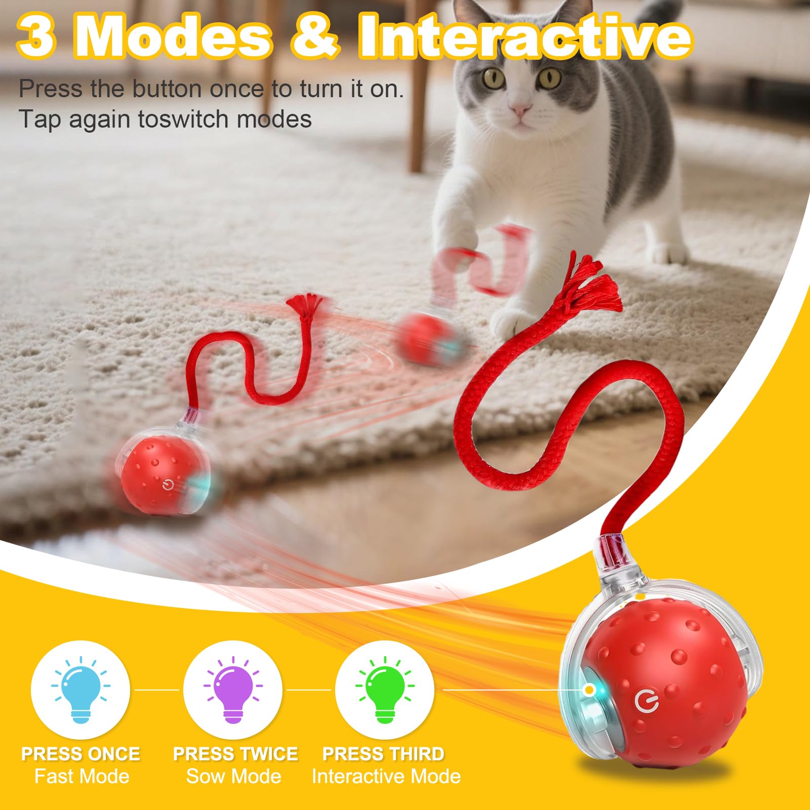 Balle interactive pour chat et chien d'intérieur, jouet automatique pour chat avec évitement intelligent des obstacles, rejets d'oiseaux et réveil automatique, comprend 4 ressorts en spirale