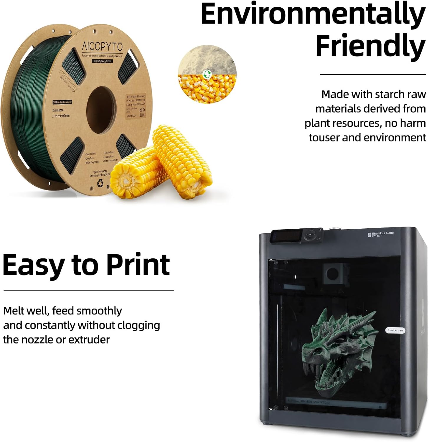 Dual Color Silk PLA 3D Printer Filament 1.75mm,Dual Color 2-in-1 Green-Black Silk Filament 1KG Spool (2.2lbs) Dimensional Accuracy Probability +/- 0.02mm Fit Most FDM 3D Printers, Black-Green - Image 5