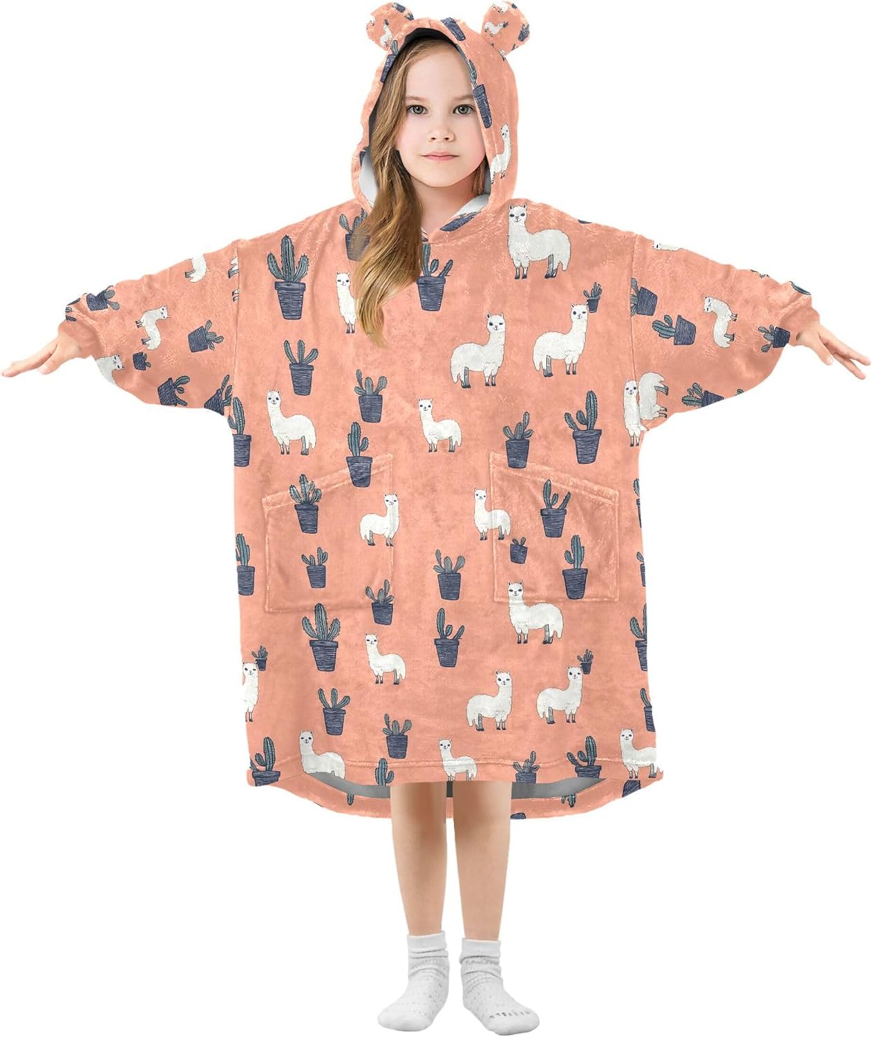 Cute Alpaca Kids Wearable Blanket Hoodie with Pocket and Sleeves for Toddlers, Cute Hoodies Girls Boys B0404053