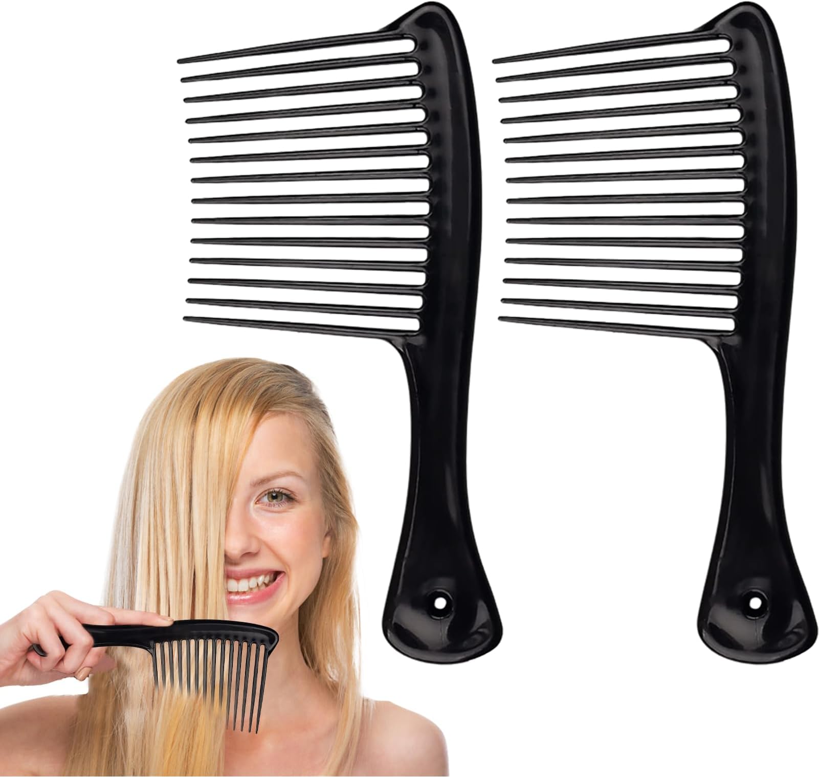 2 Pcs Afro Hair Comb Long Teeth Black Plastic for Long Curly Thick Dry Wet Hair Girls Women