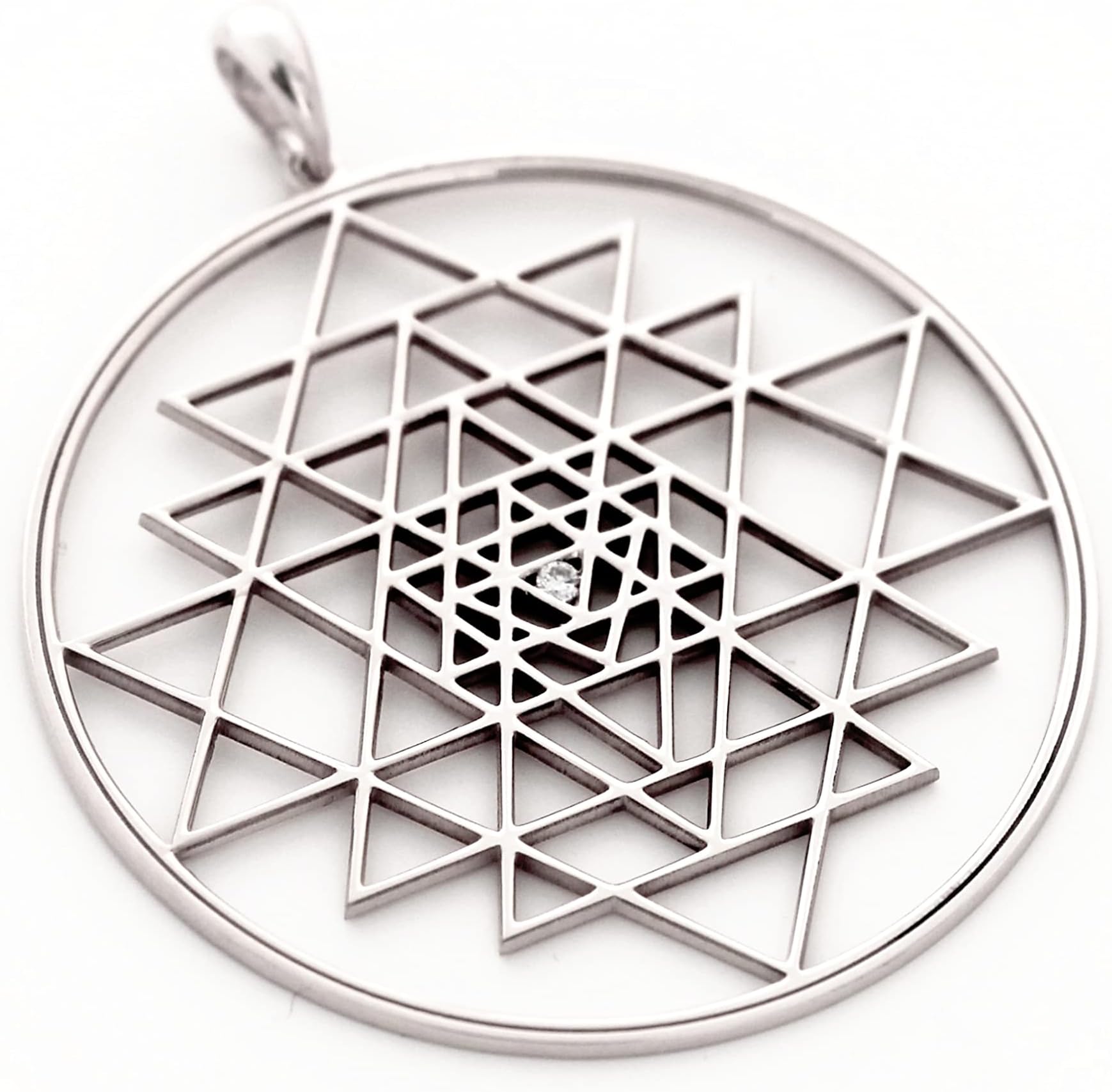 Sri Yantra Pendant Necklace with Diamond at the Bindou Center Handmade in Silver. Shri Yantra Mantala Created following the rules of Sacred Geometry in detail.