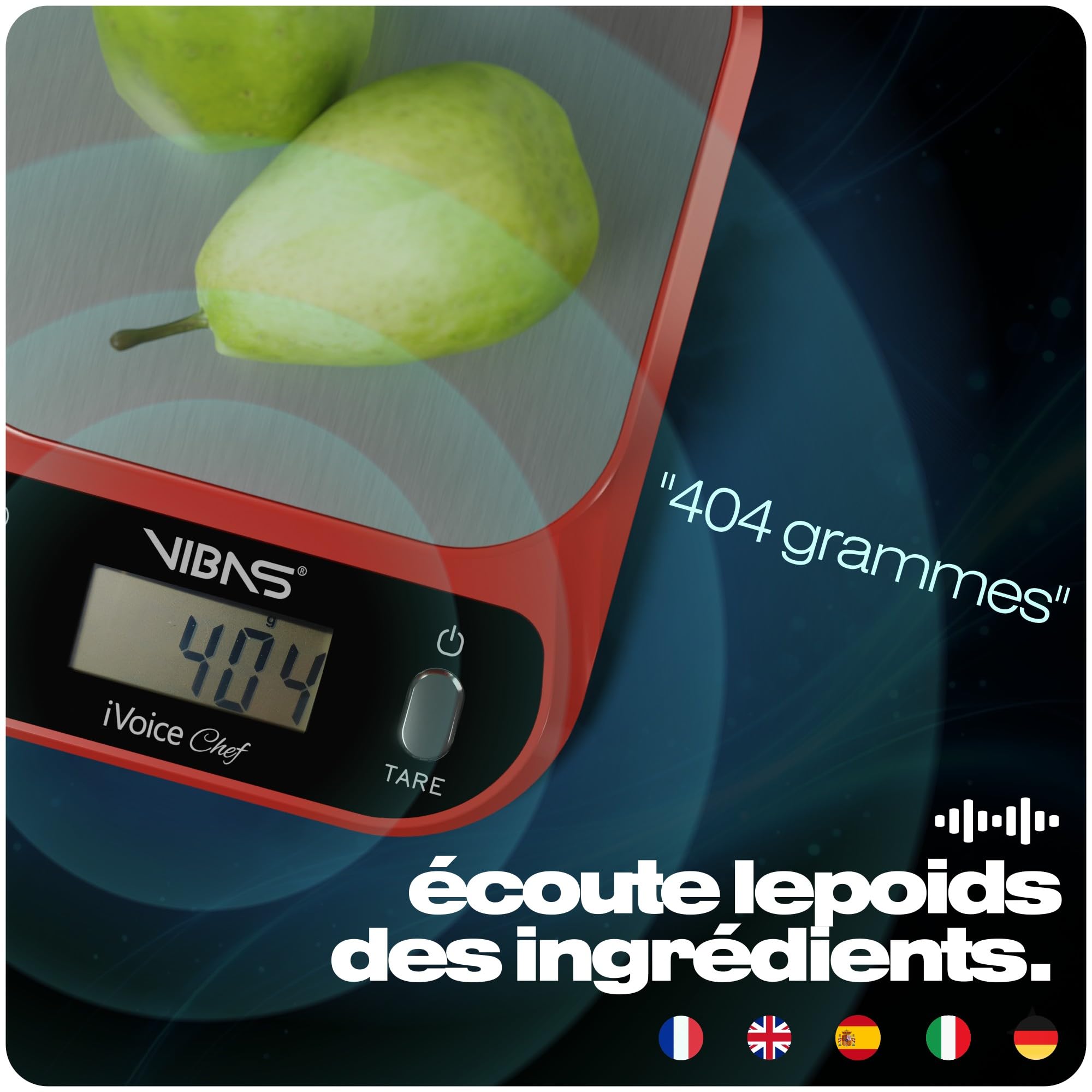 Balance de Cuisine Parlante VIBAS iVoice Chef avec Bol, pour Non-Voyants et Seniors, 5 Langues, Signaux Sonores, Répétition du Poids, Volume Réglable, 10 kg, Piles Incluses