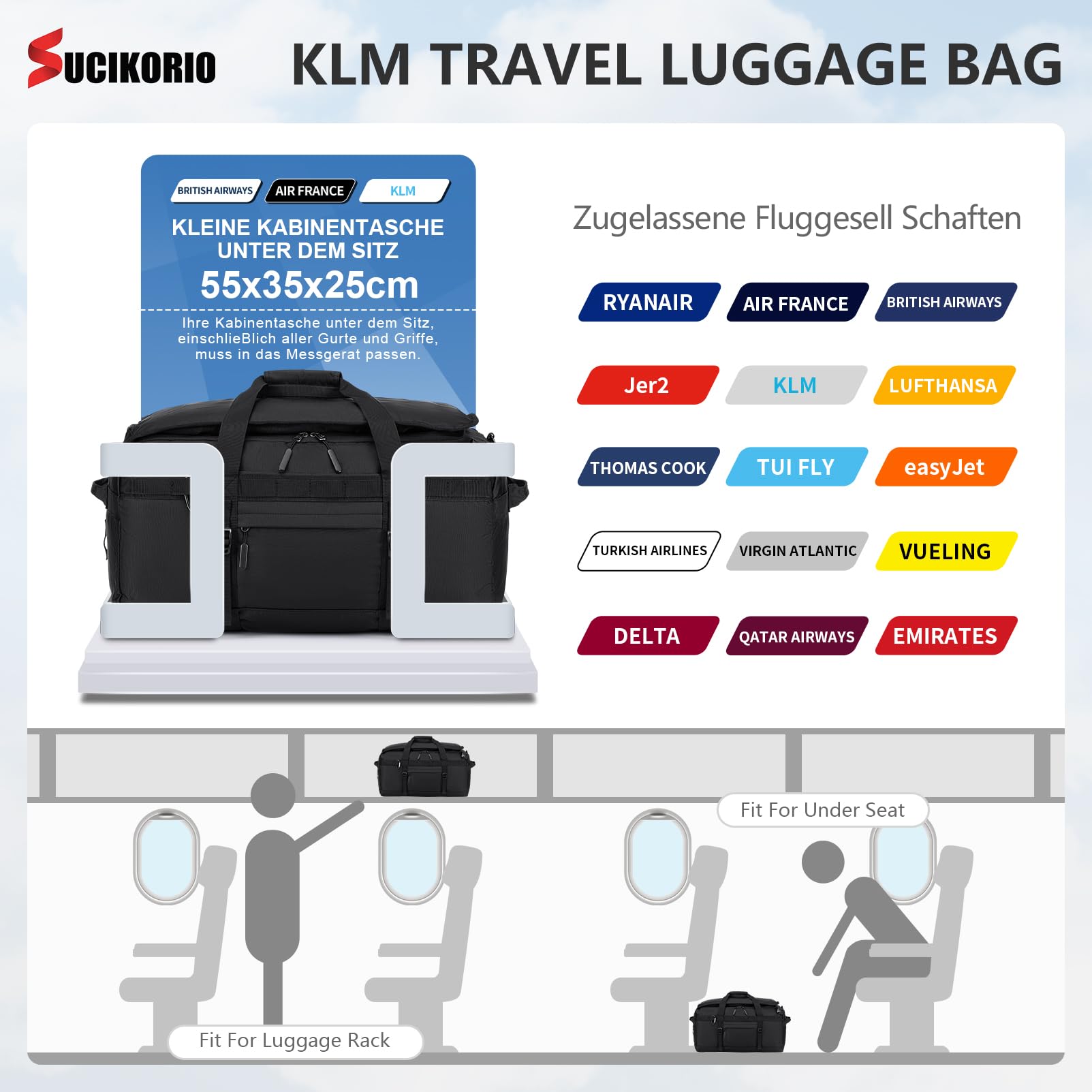 55x35x25cm KLM Bolsa Viaje Cabina Avion, 3 IN 1 Mochila Viaje Cabina Avion Impermeable Bolso de Mano Viaje Grande 50L Maleta Cabinas Travel Bag Bolsa Deporte con Bolsa Húmeda Mujer Hombre