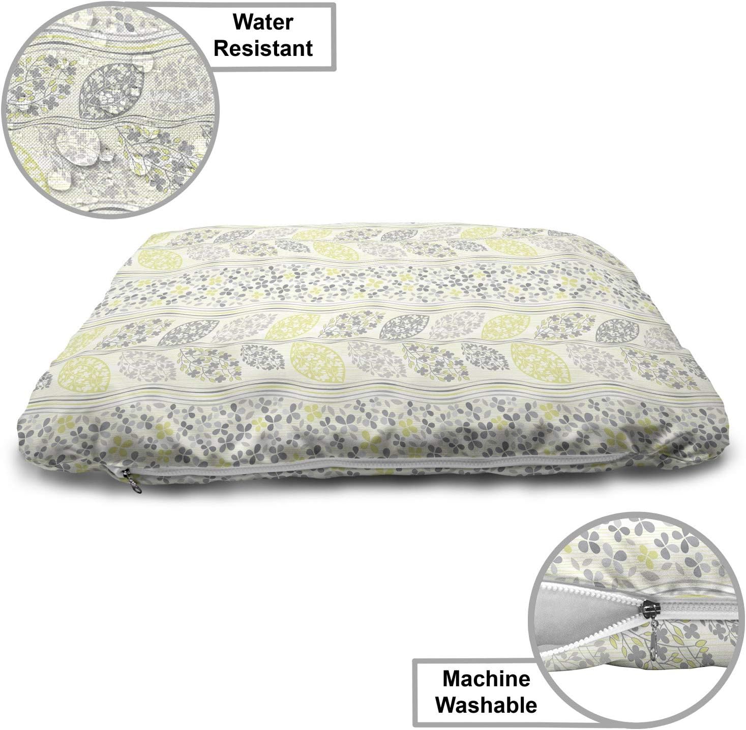 review Lunarable Grey and White Pet Bed, Abstract Blooming Branches Vertical Wavy Floral Borders Pattern, Chew Resistant Pad for Dogs and Cats Cushion with Removable Cover, 24