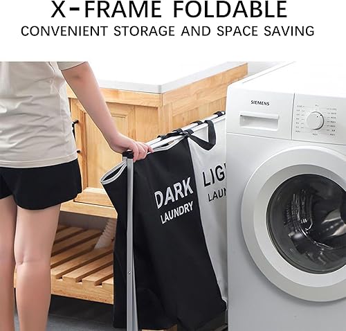 Miniatura 5 de Cesta clasificadora de 2 secciones, cesta plegable para ropa sucia con marco de aluminio para lavar tela sucia, juguetes, toalla, 23 x 14.9 x 22.8
