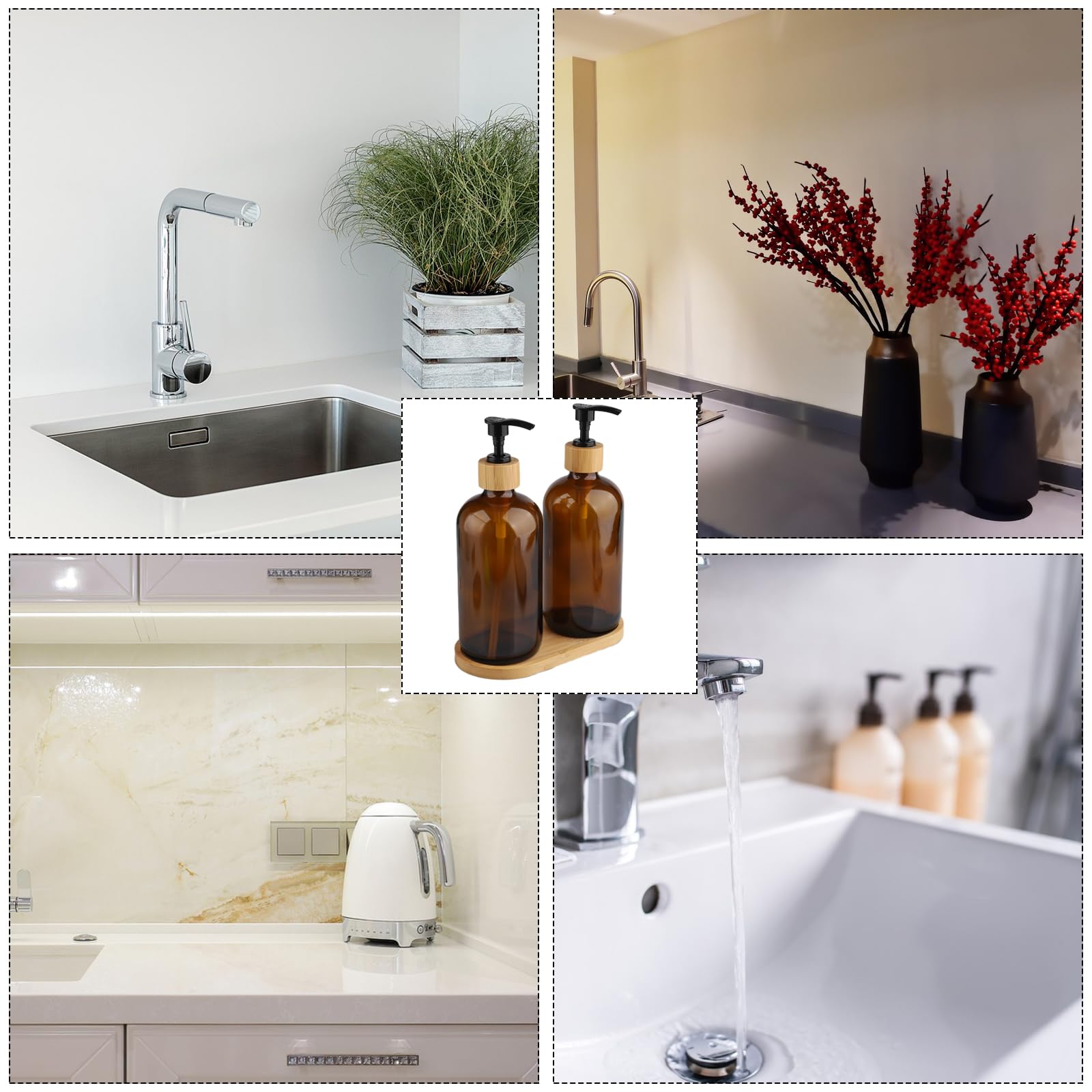 Set di dispenser per sapone in vetro, due da 500 ml dispenser sapone mani, un dispenser ricaricabile con vassoio e pompa, adatto per bottiglie di shampoo, ideale per bagno e cucina (marrone)