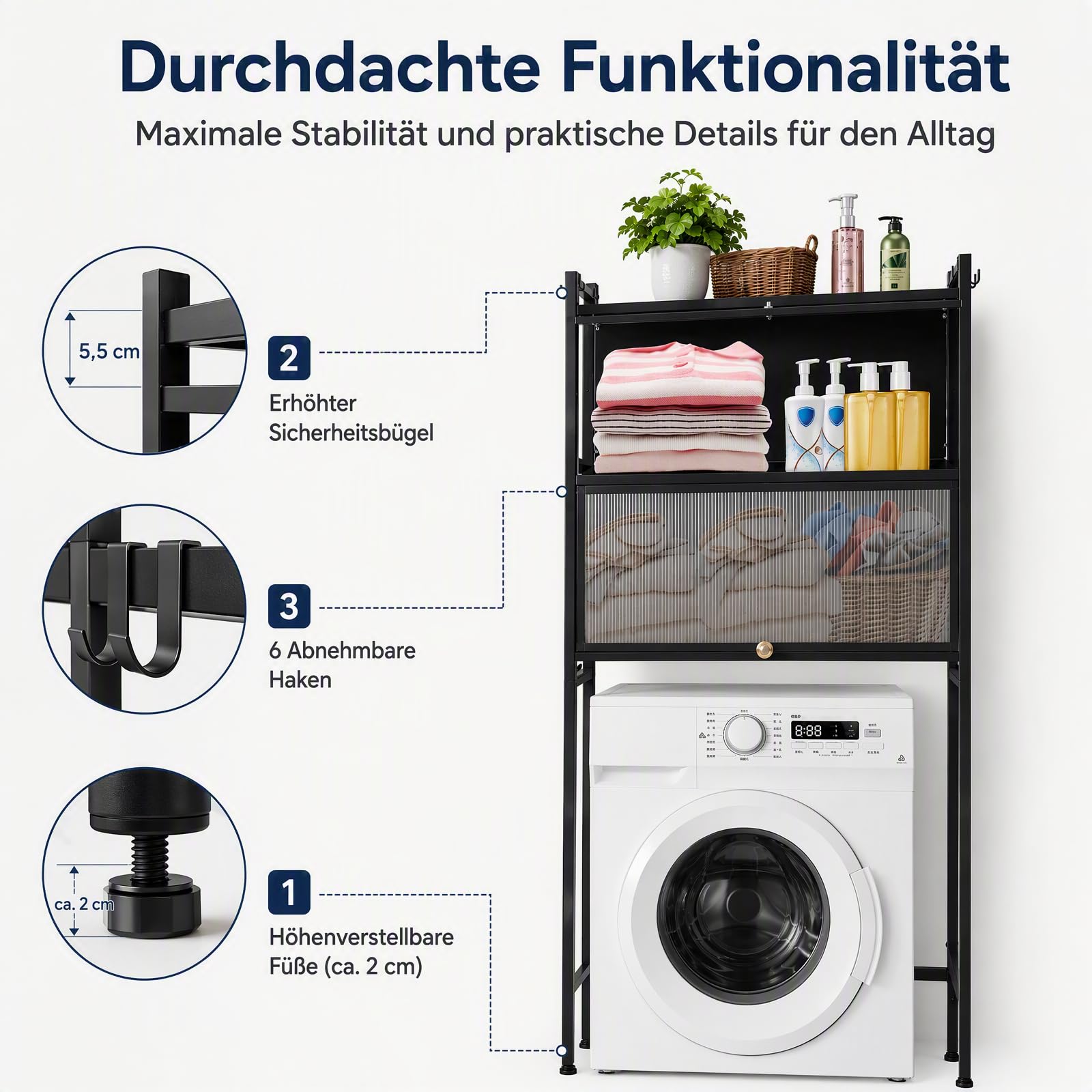Aufbewahrungsregal mit Schrank,Waschmaschinenschrank Badezimmerschrank für Waschmaschine/Trockner, Waschmaschinen Regal Waschmaschinenschrank,für Küchen, Bäder,Waschküchen,Garagen (Schwarz)