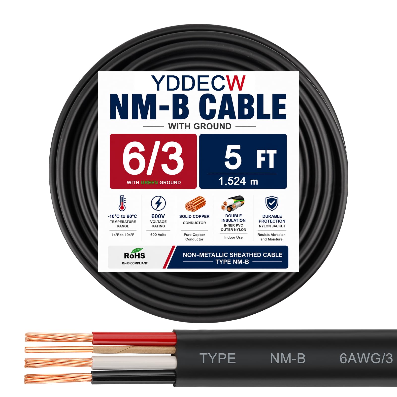 YDDECW 6/3 NM-B Wire with Ground - 5FT Non-Metallic Sheathed Cable