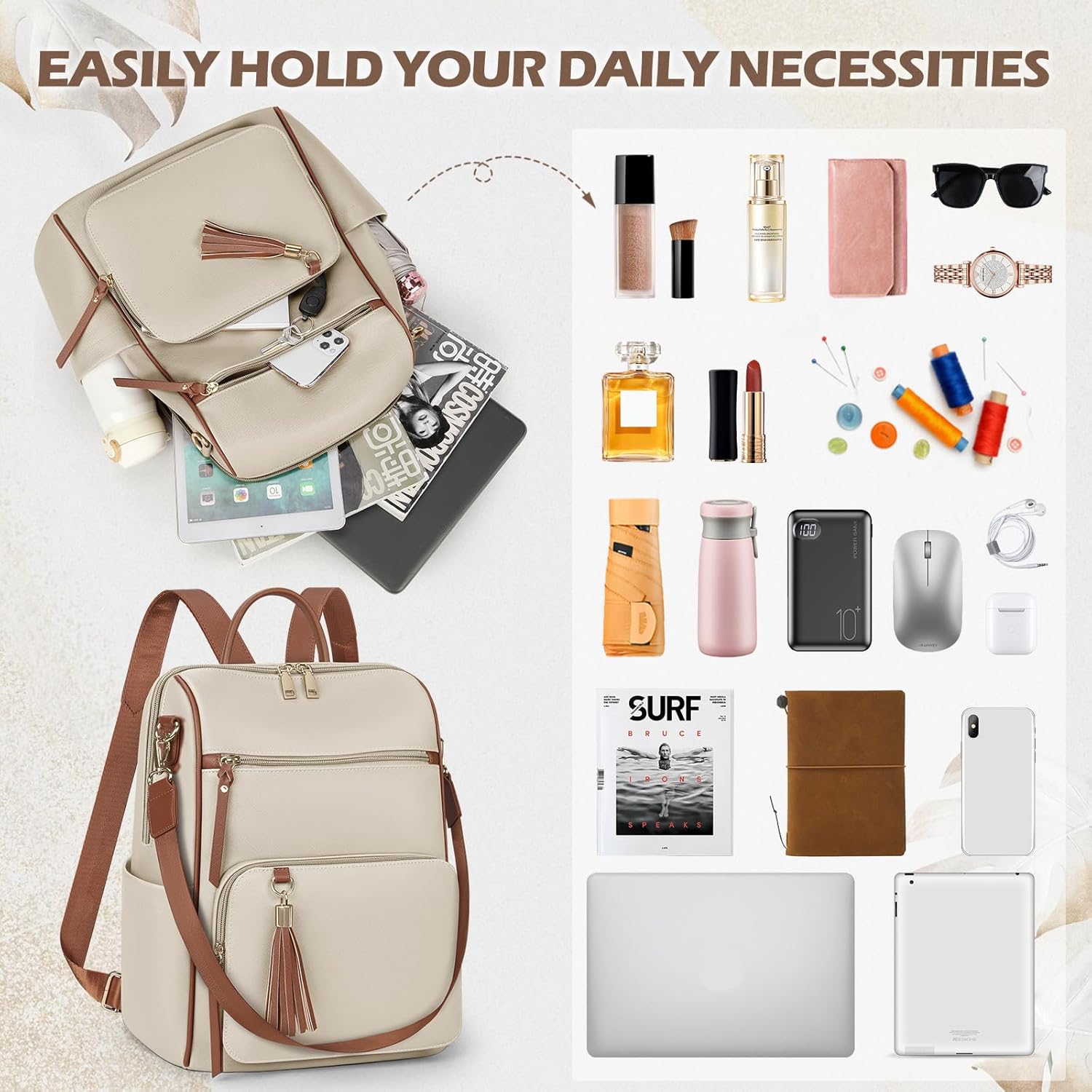 RAINSMORE Backpack Purse for Women Leather Travel Backpack Purse Waterproof Anti Theft Fashion Small Casual Mini Daypacks Ladies Convertible Handbags Shoulder Bag with Tassel, Beige and Brown - Image 7