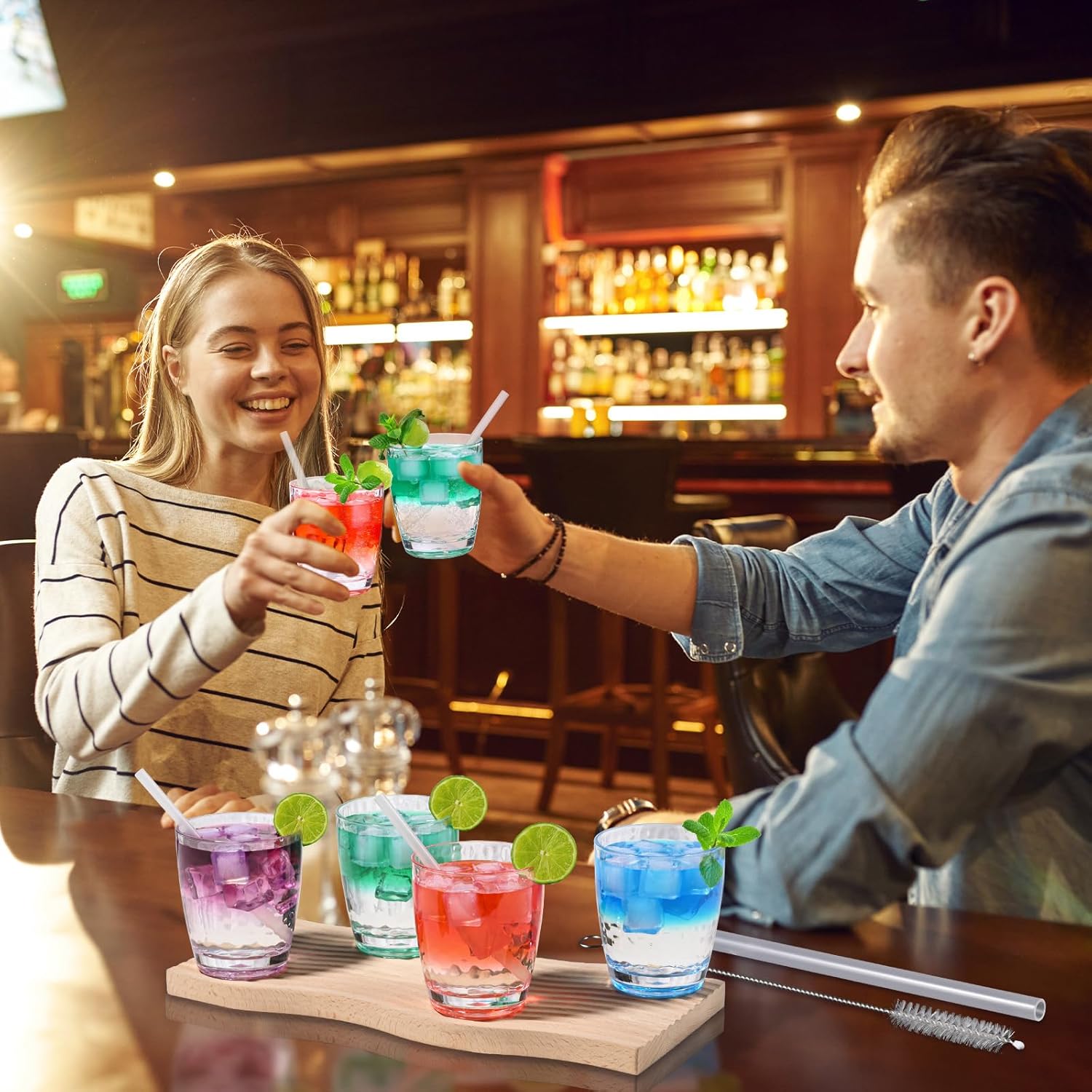 6 Pcs Plastic Drinking Tumblers of 14 oz, Acrylic Drinking Glasses with Straw&PP Brush, BPA-Free, Stackable Water Cups, Clear Cups for Juice, Wine (14 oz-6 pcs) - Image 6