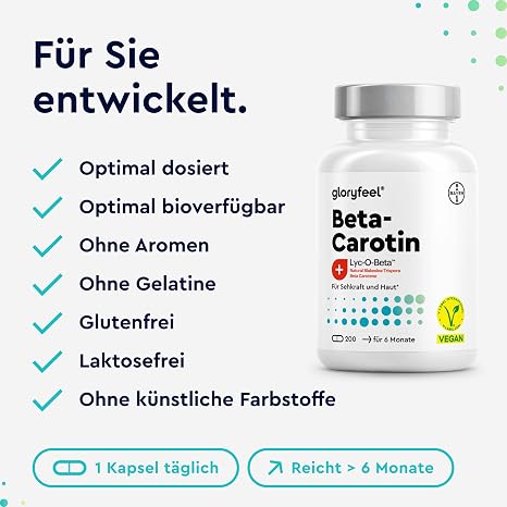 Beta-Carotene Tanning Capsules 200 Vegan Capsules – Brand Raw Material Lyc-O-Beta from Blakeslea Trispora – with Carrot Extract – Provitamin A for Vision Skin & Immune System* – Developed in Germany