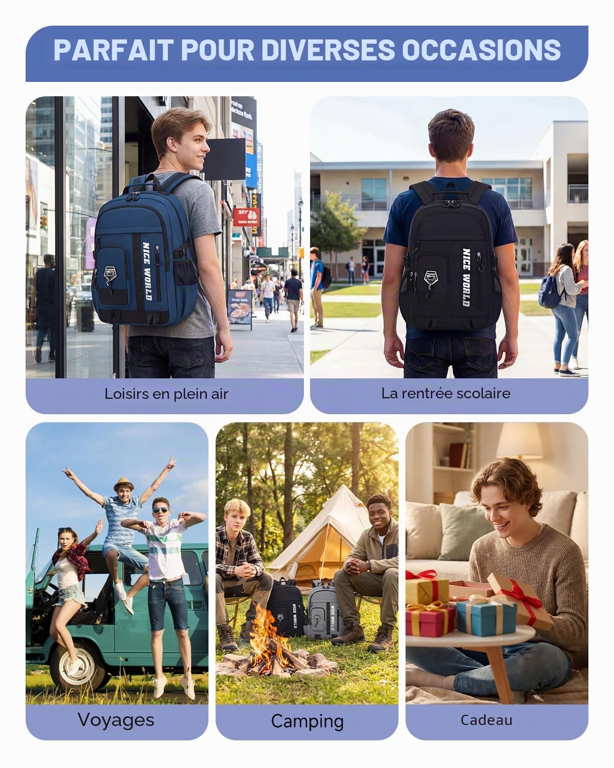 Amythe Sac à Dos Garçon Adolescent - Cartable Garçon Collège Lycée Grande Capacité 29L - Sac à Dos Scolaire Moderne Imperméable Léger 10-22 Ans pour École, Voyage, Noël, Bleu