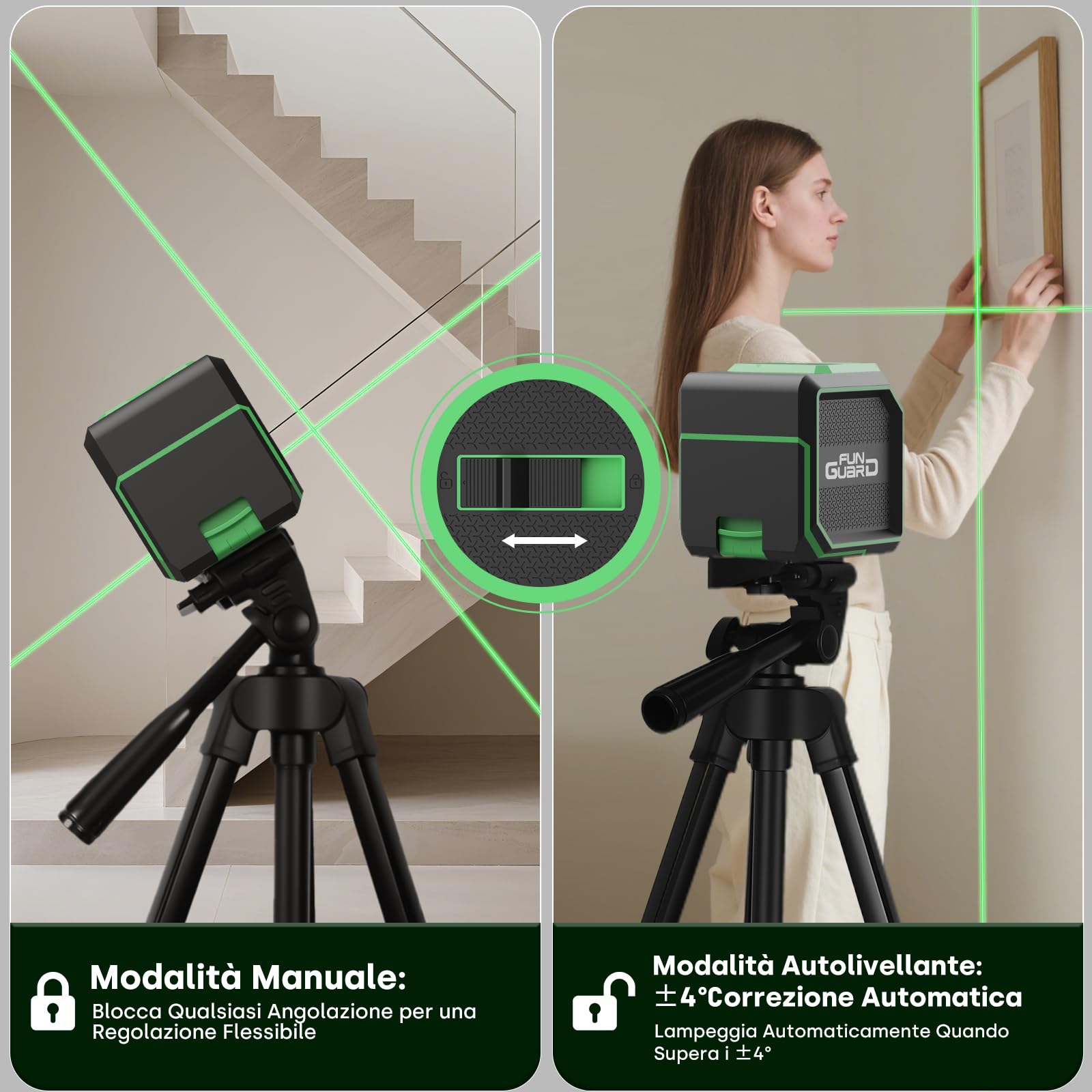Livella Laser Verde con Treppiede, Autolivellante,2 Batteria AA | Treppiede regolabile, 30M Livello Laser Orizzontale e Verticale, IP54 per Cantieri, Decorazione per la casa, DIY, Portatile