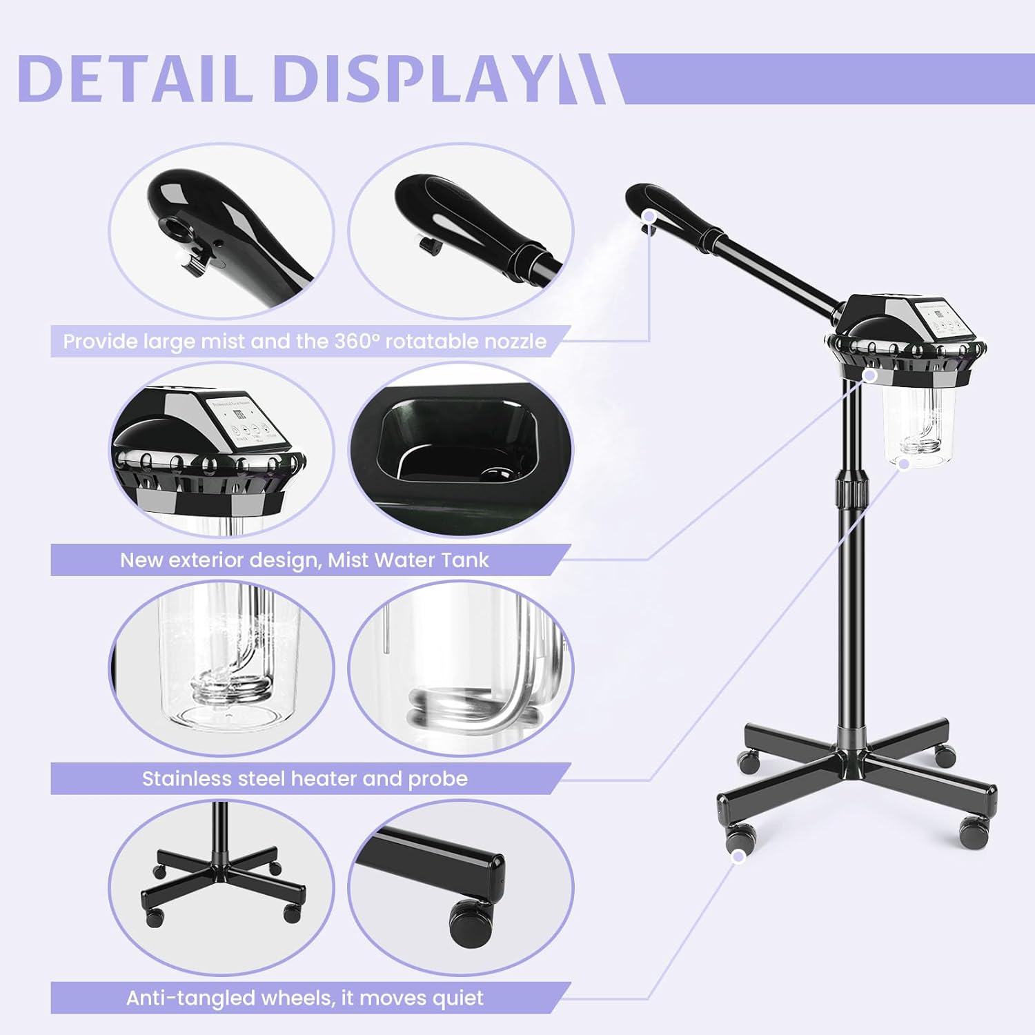 Professional Facial Steamer, Facial Steamer on Wheels, Face Steamer with Time Setting, Stand Face Steamer Adjustable Height for Spa, Salon and at Home use - Image 2