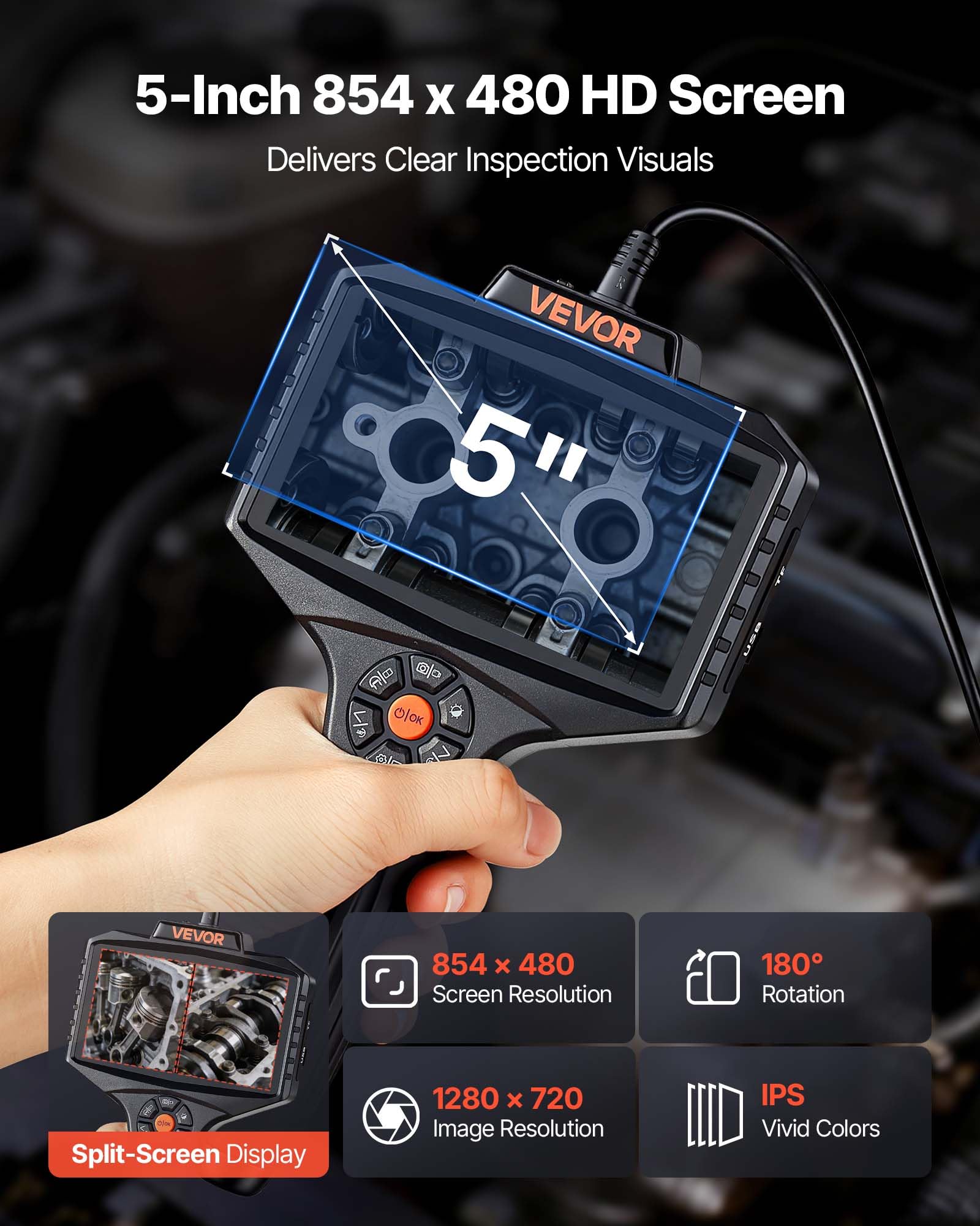 VEVOR Telecamera Endoscopica Articolata a Doppia Lente con Luce, Rotazione a 360°, Schermo IPS HD da 5'', Funzione Schermo Diviso, Zoom 8x, Cavo Impermeabile IP67 da 5 m, per Settore Auto e Idraulica