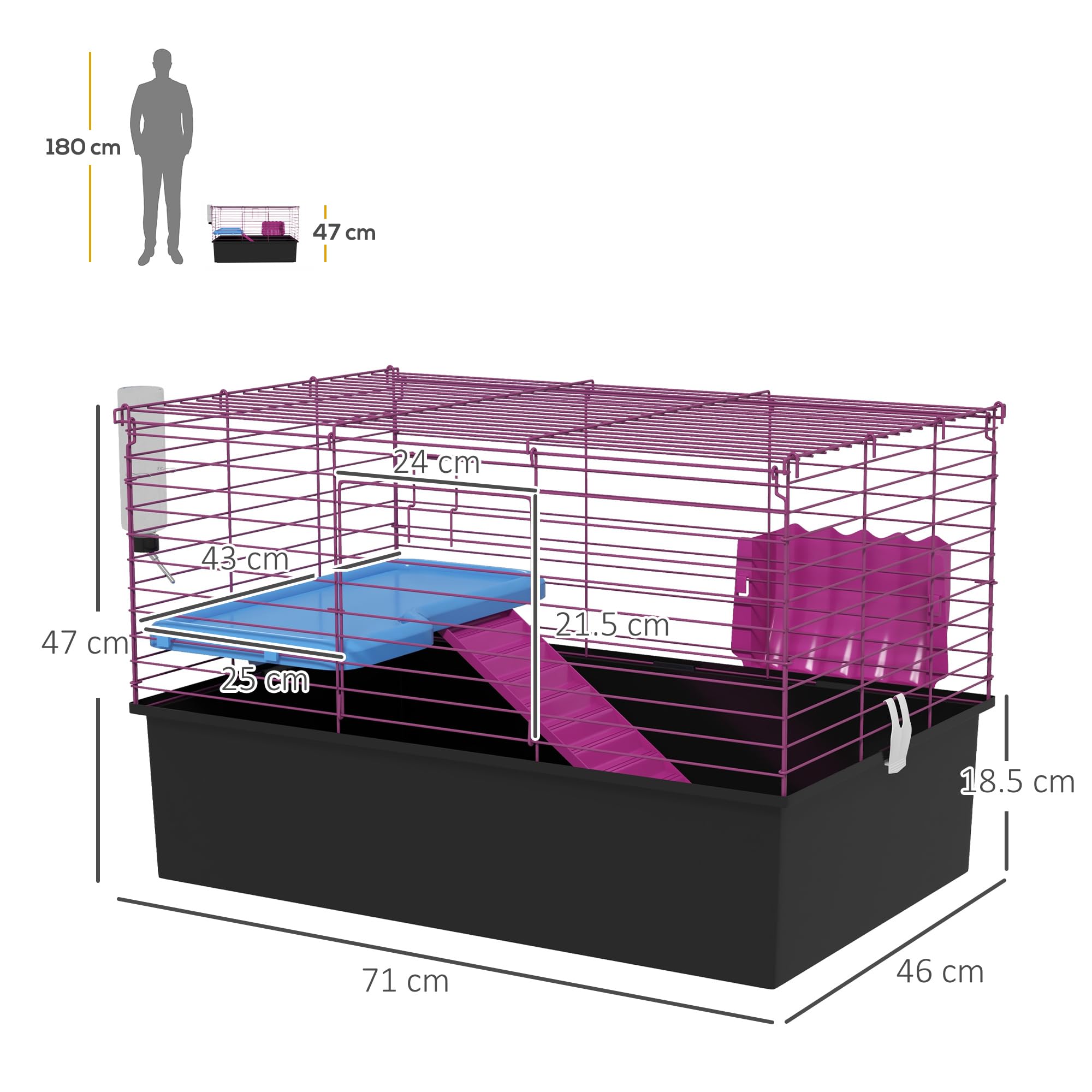 PawHut Meerschweinchenkäfig für Chinchillas Kaninchen mit Rampe 71x46x47cm schwarz | Kleintierkäfig, Schale, Wasserflasche