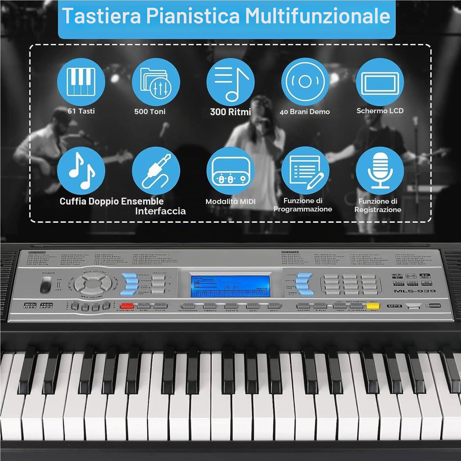 MAMIZO 61 Tasti Tastiera Pianoforte Digitale, Pianoforte Keyboard Elettrico per Principianti, Pianola Tastiera per Bambini, 500 Suoni e Modalità di Insegnamento a 3 Livelli, Leggio, MP3/USB MIDI