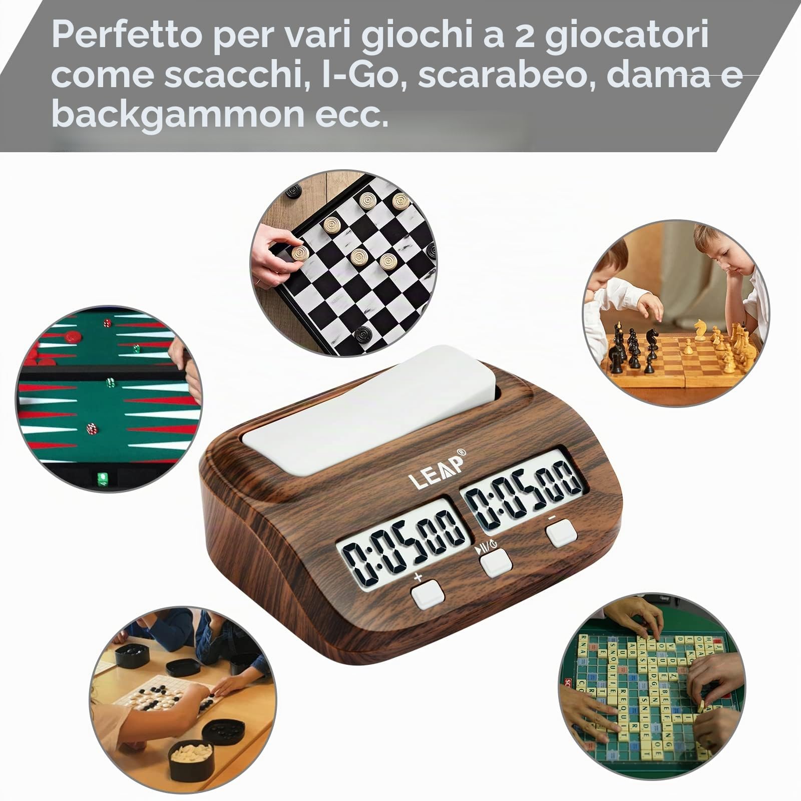 LEAP Orologio a scacchi con allarme conto alla rovescia e funzioni di ritardo per scacchi e giochi da tavolo per 2 giocatori, aspetto classico con venature del legno