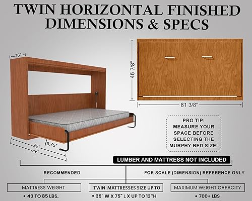 Miniatura 13 de Murphy - Kit de herrajes para cama de tamaño individual, marco de madera plegable, cama de pared para habitación de invitados, fácil de construir,