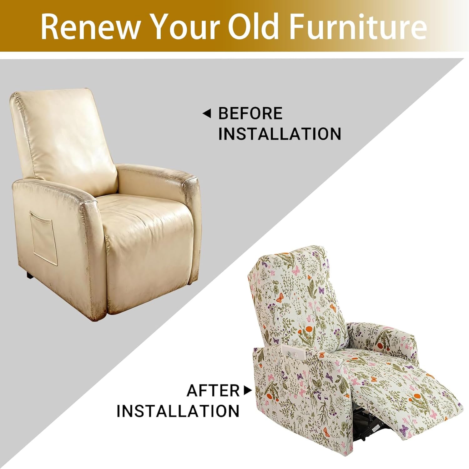 Extra Small Reclining Chair Covers, Stretchable Recliner Slipcovers with Printed Pattern, Fitted Armchair Sofa Cover with 2 Pockets, Printed Couch Covers(A-Blue,2 Sets)