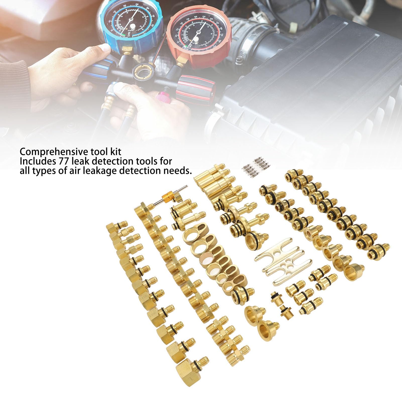 ANGGREK Kit Test Perdite Aria Condizionata Auto 77 Pezzi con Connettori in Ottone, Set Completo per Rilevamento e Riparazione di Perdite A/C per Auto e Camion
