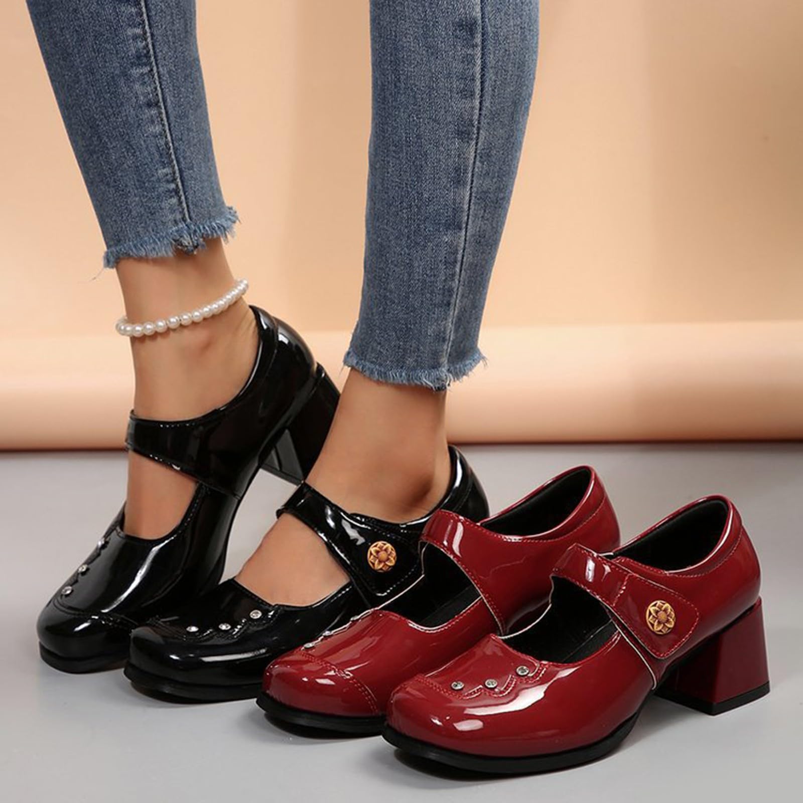 Pumps Damen Blockabsatz Mary Jane Schuhe High Heel Kleid Schuhe Elegante
