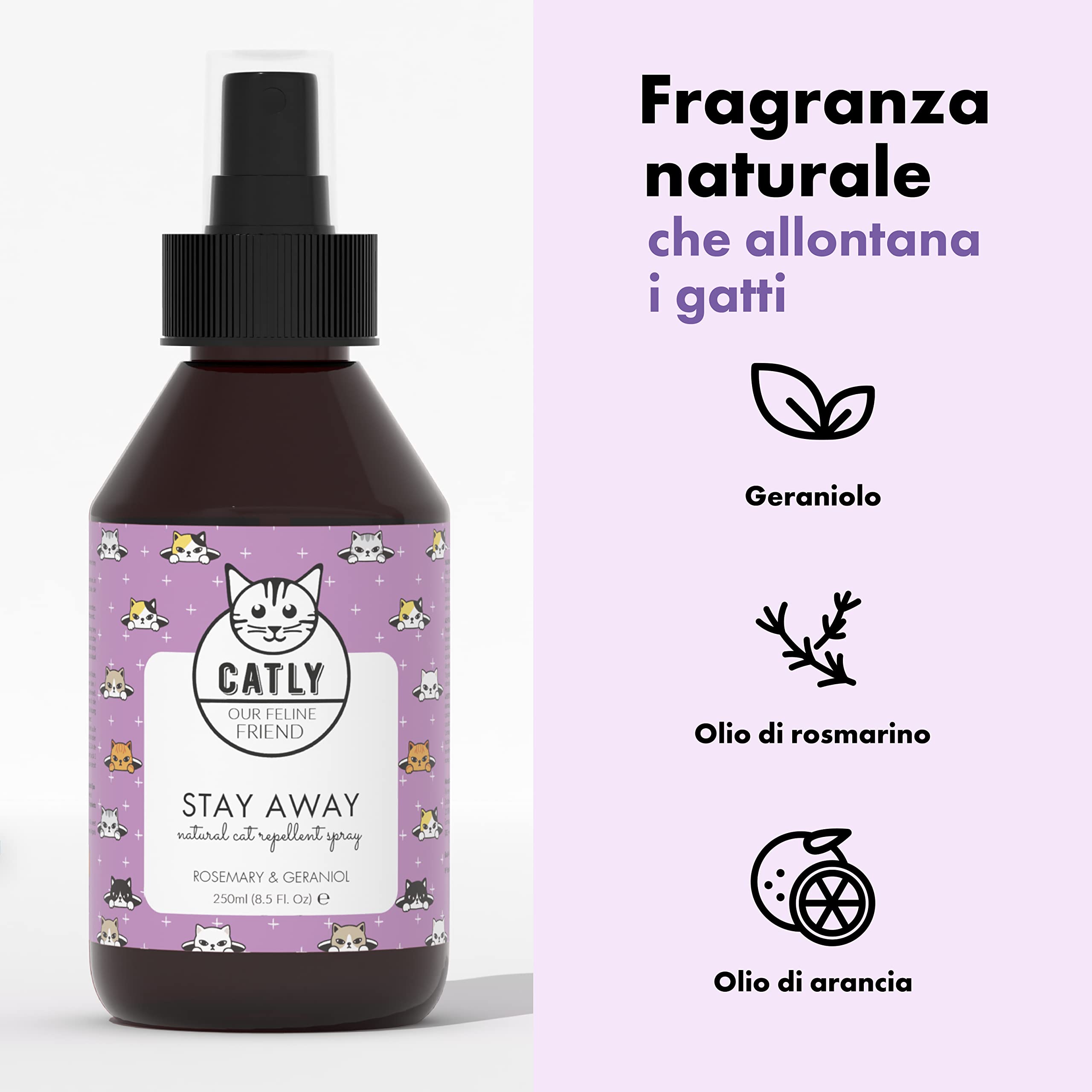 Catly Spray Repellente per Gatti da Esterno - Disabituante Gatti con Oli Essenziali - Spray Anti Gatto per Divano Anti Graffi - Dissuasore per Gatti, Alternativa Naturale a Ultrasuoni per Gatti, 250ml