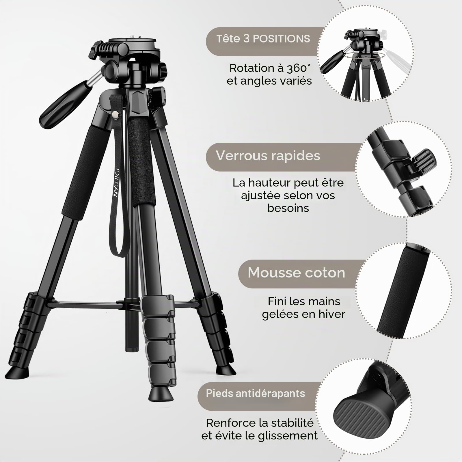 JOILCAN Trepied Appareil Photo, 173cm Trepied Smartphone Léger en Aluminium avec Détachable à 3 Voies, Trépied pour iPhone/iPad/Caméra/Téléphone avec Télécommande et Support pour Téléphone Tablette