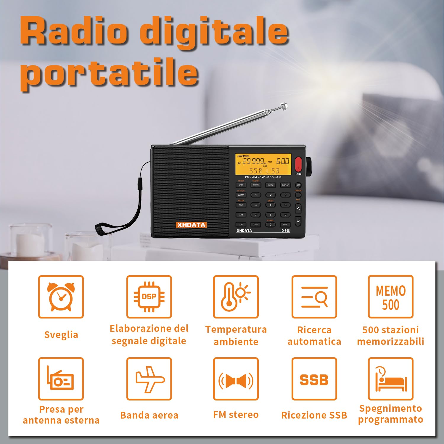 XHDATA D-808 Radio digitale portatile FM Stereo SW MW LW SSB RDS Air Band Multi Band con ATS, display LCD, nero