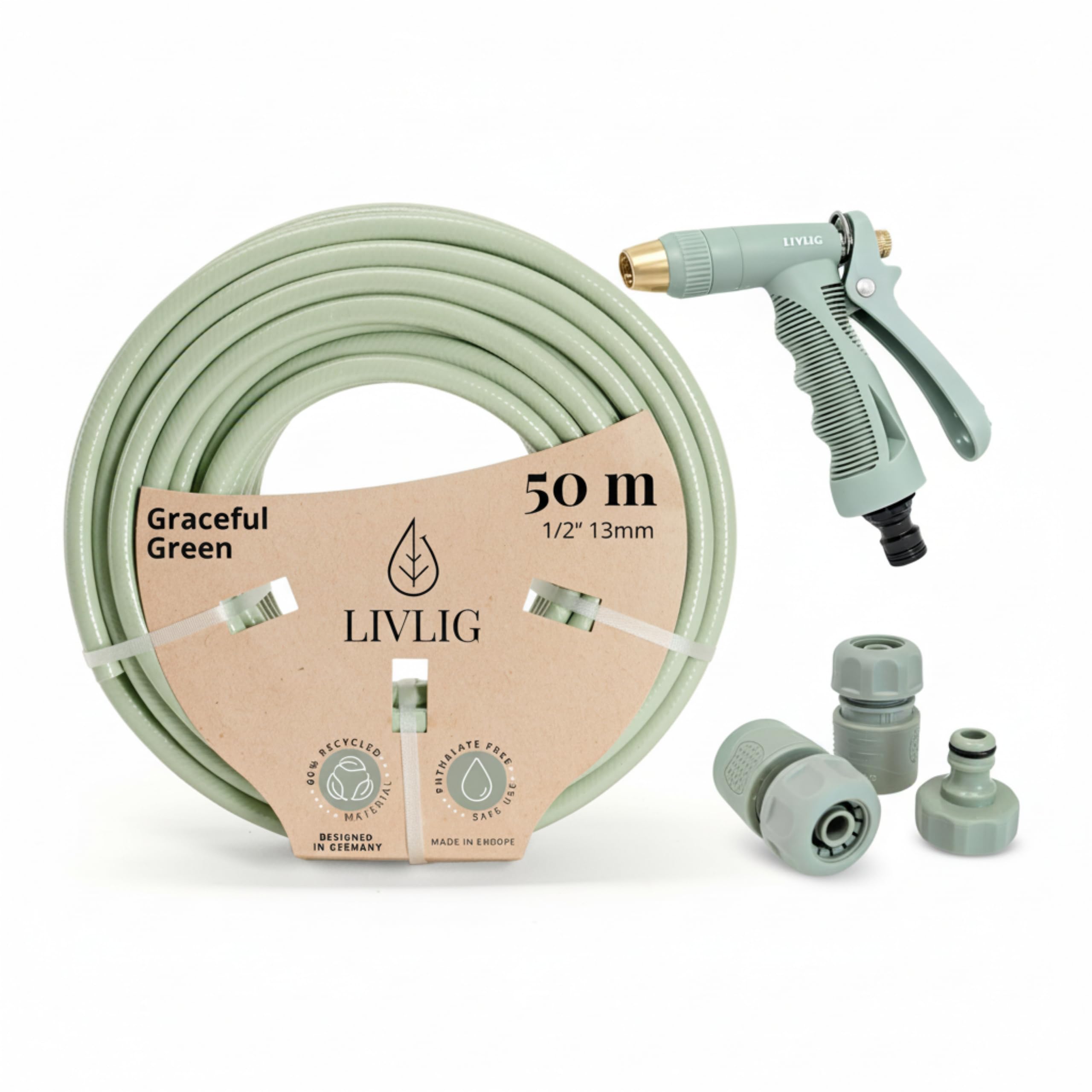 LIVLIG Set tubo 50 m 1/2" – tubo anti‑piegatura e UV con pistola e raccordi (G3/4, stop 1/2, rapido) – Verde