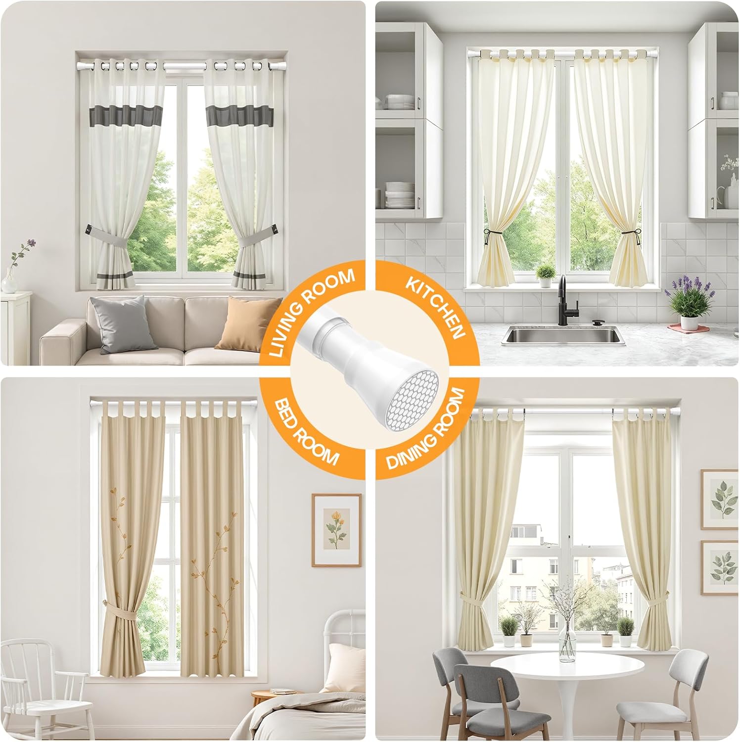 White+Black Tension Rods for windows 28-48 Inch, 7/8" Diameter Tension curtain rod, Spring Loaded Curtain Rods, Adjustable Curtain Rod,Tension Rod No Drilling