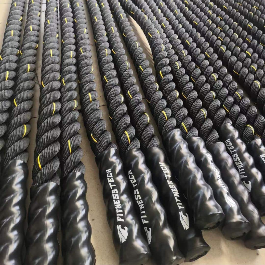Cuerda de Combate - Crossfit, Funcional, Tonificación, Cardio - Entrenamiento de Alta Intensidad - Battle Ropes - Negro y Amarillo 12m x 50 mm