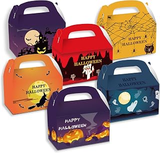 12 x Halloween Kraft Paper Gift Boxes with Handle, Trick or Treat Box, Goodie, Snacks, Cookie, Sweets Boxes for Halloween Party Favor Supplies for Candies, Biscuits 16x9.5x9.5 cm (6 Patterns)