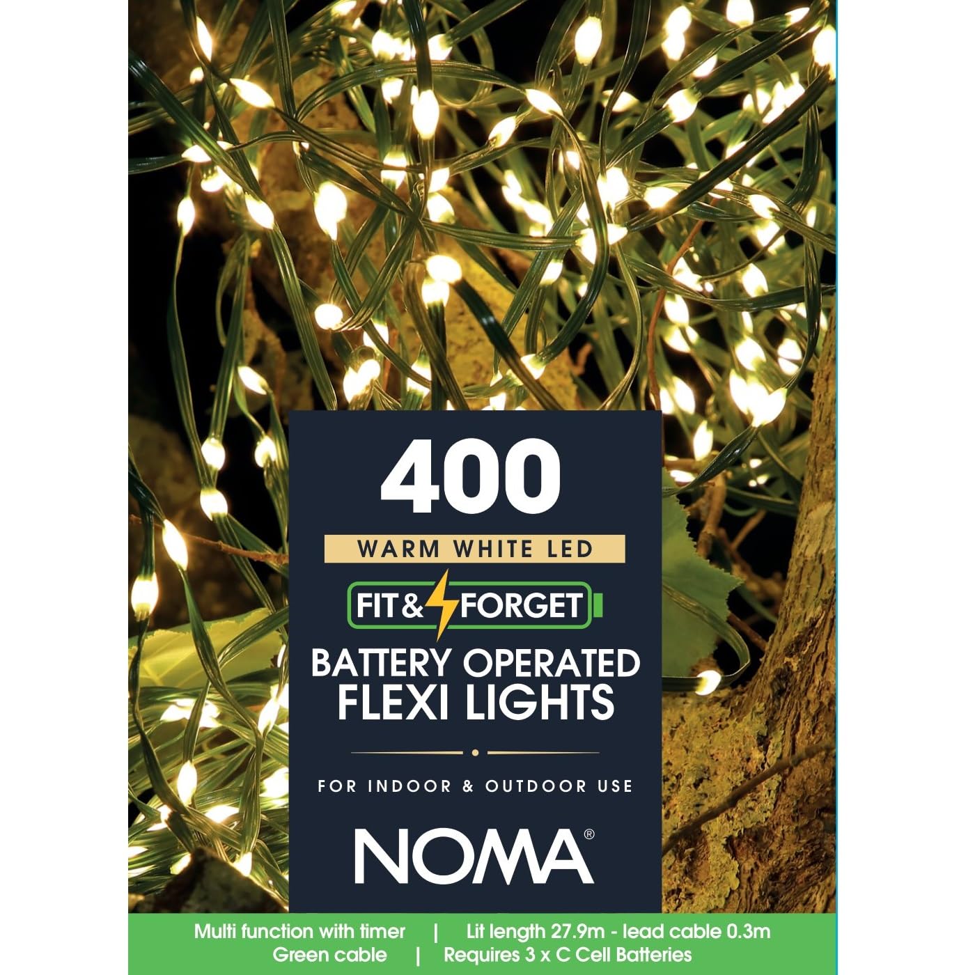 Noma Fit & Forget Flexi Wire Lights, 400 Warm White LED's, 27.9 m, Battery Operated