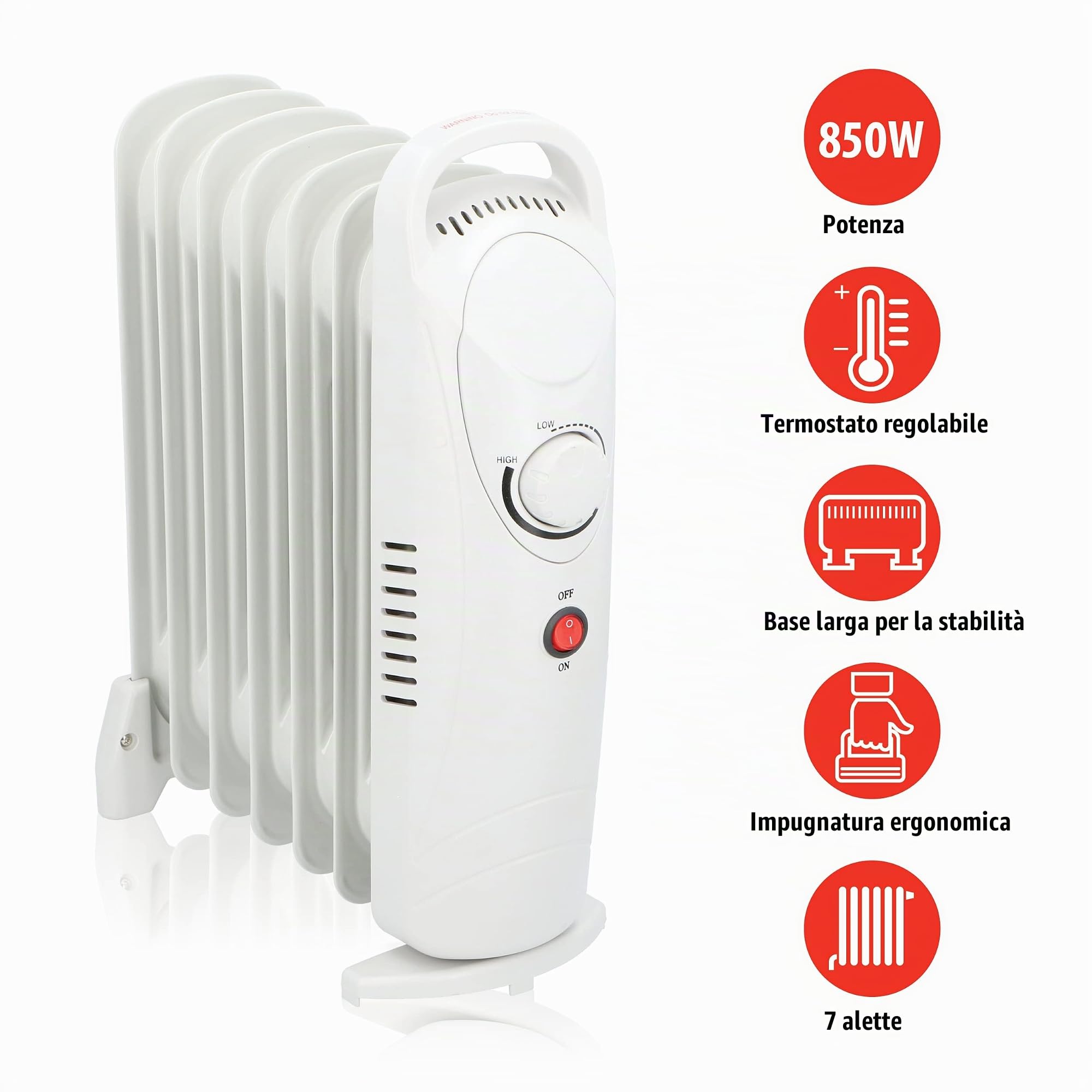 alpina Radiatore a olio 850 W, 7 elementi, termostato meccanico, riscaldamento elettrico a risparmio energetico, regolatore di potenza a basso consumo energetico, compatto e portatile, bianco, normale