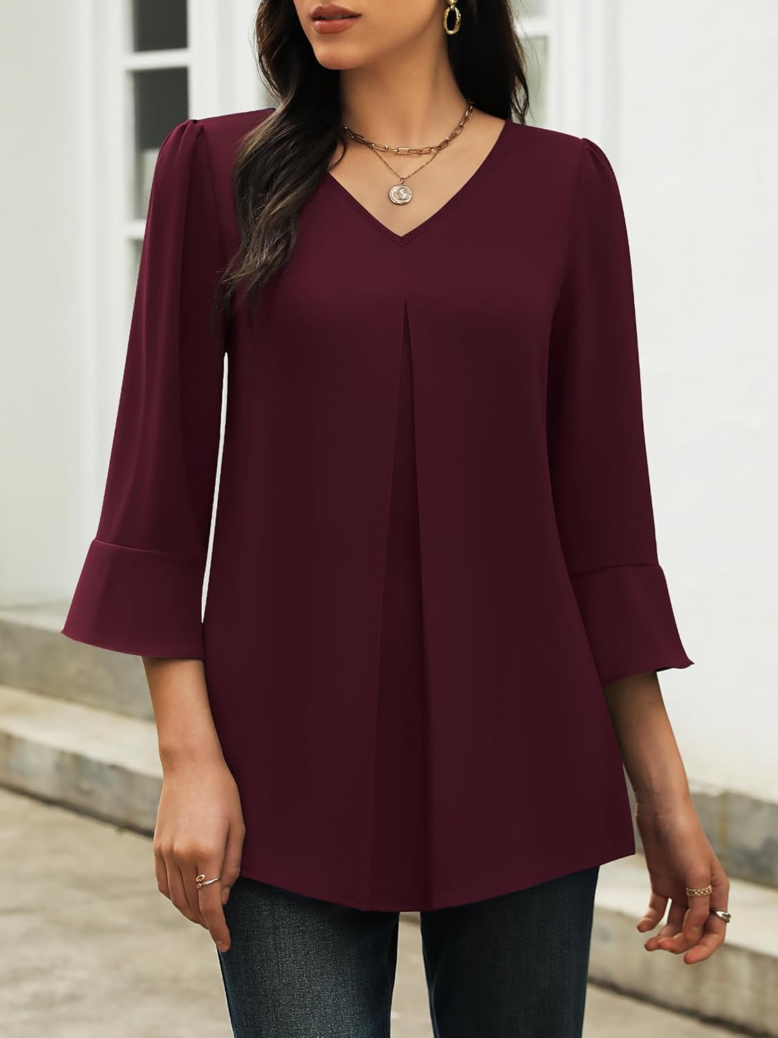 Funlingo Womens 3/4 Length Sleeve Tops Dressy Casual V Neck Business Chiffon Blouses Pleated Trendy Work Shirts - Image 2