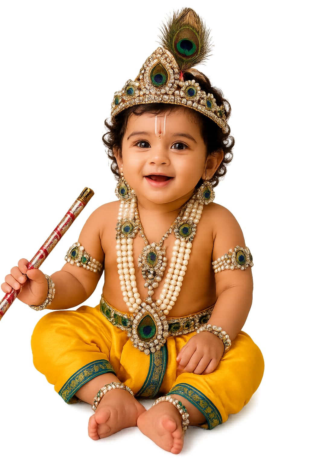 Baby Krishna Fancy Dress Costume with Mukut, Flute, Pearl Jewellery and Dhoti for Boys and Girls, Janmashtami-image-29